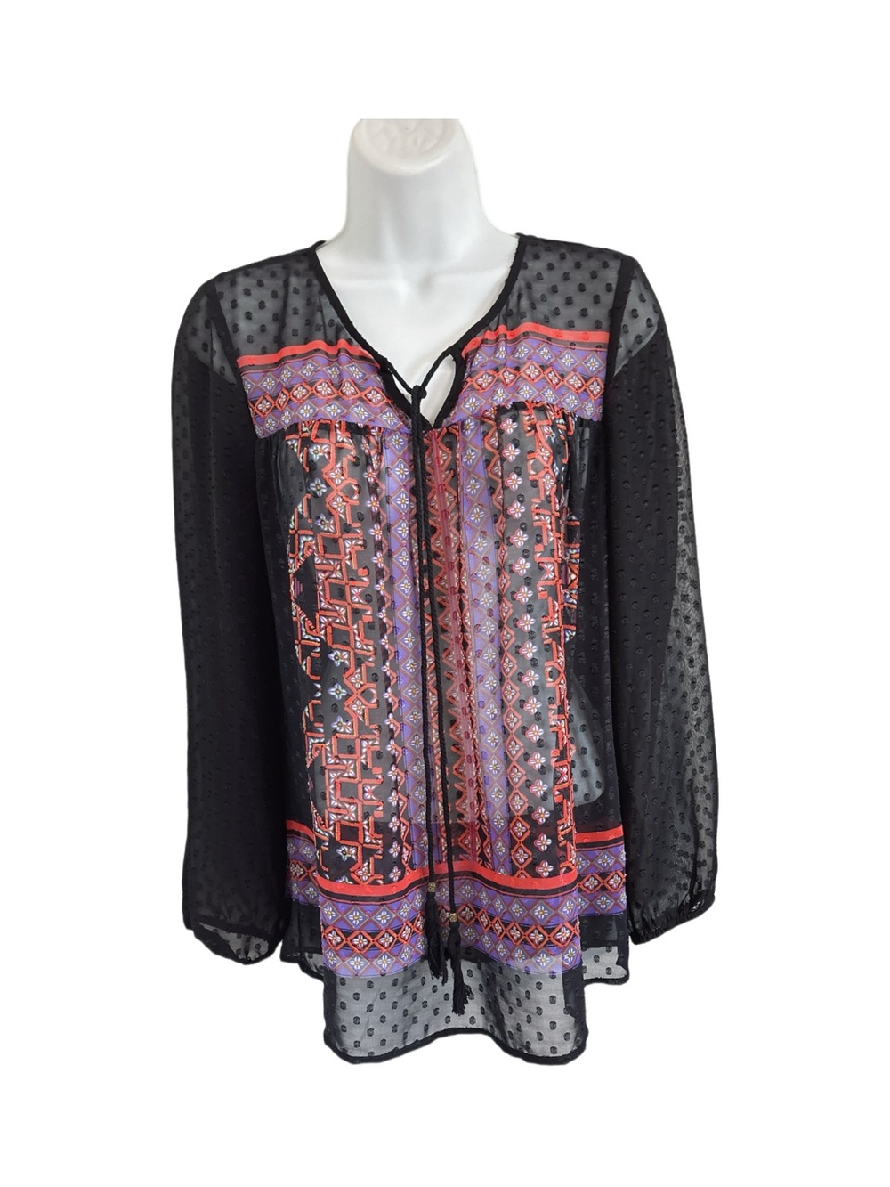 Daniel Rainn Sheer Embroidered Blouse Boho Festival Black Purple Coral Size S